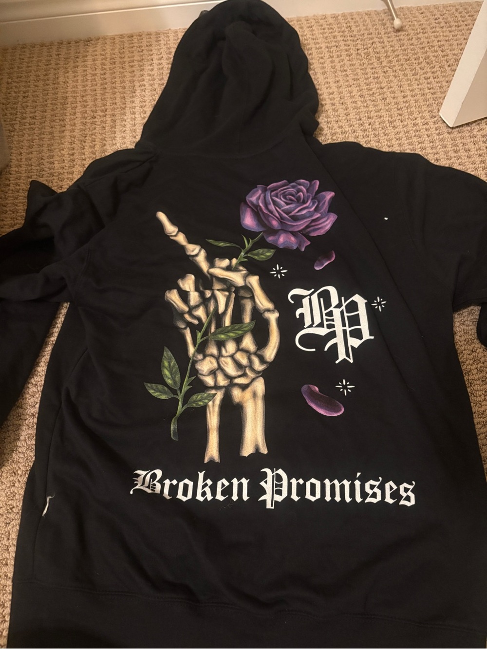 adidas Black Hoodie with Purple Rose & Skeleton Hand Graphic